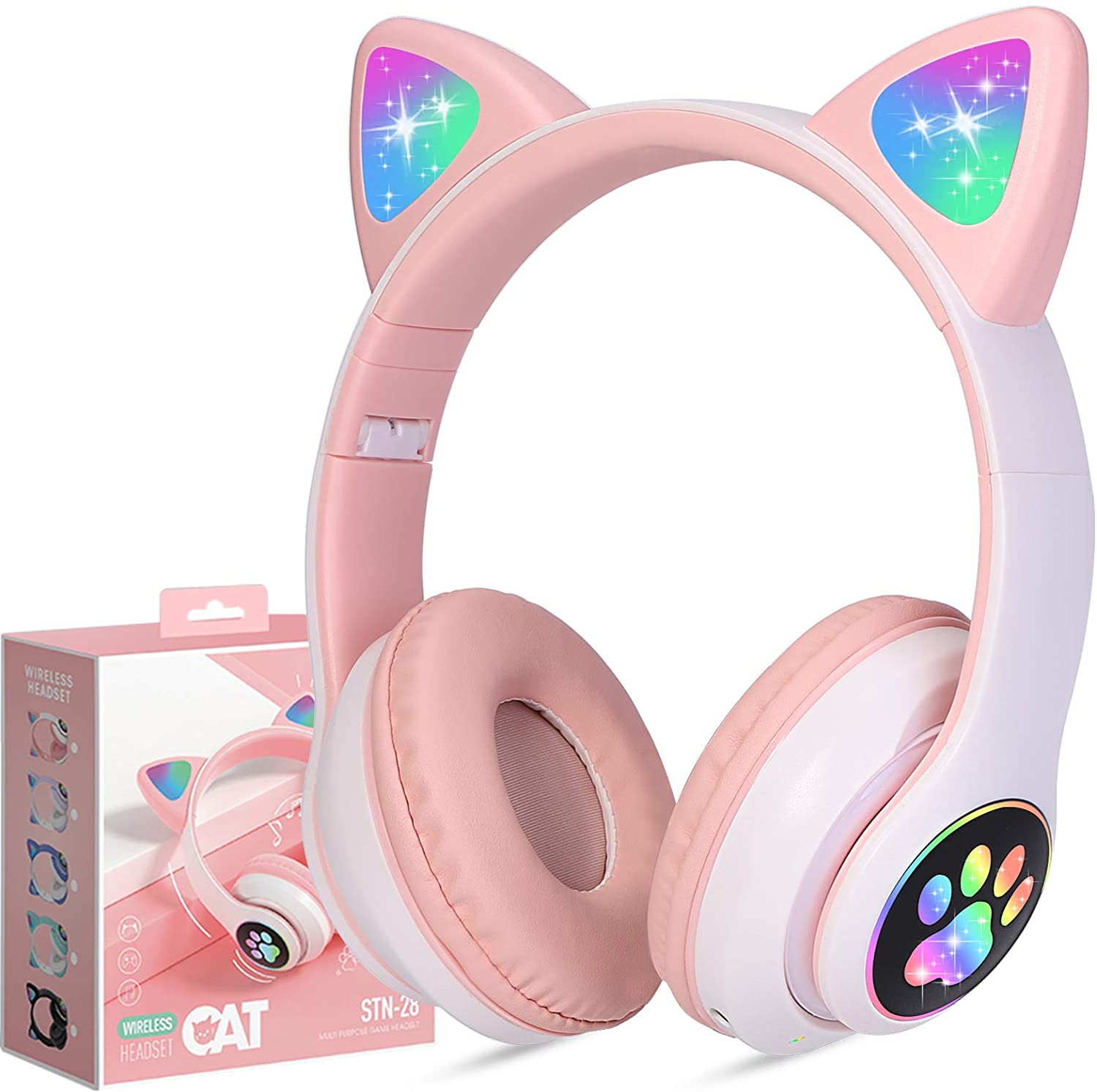 Kids Headphones, Cat Ear Wireless Headphones, LED Light Up Kids Bluetooth Headph