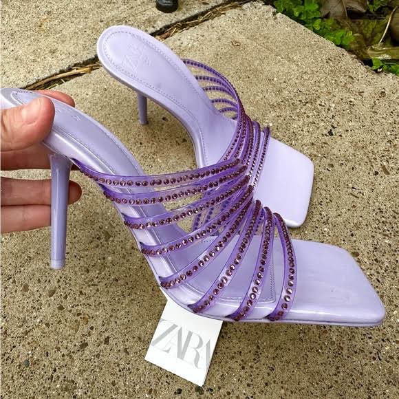 NWT Zara Swarovski Rhinestones Vinyl High Heel Sandals Mules