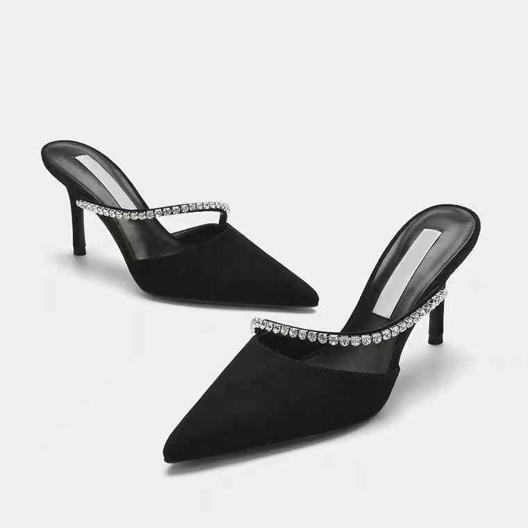 Black Gem-Encrusted Textured Stiletto Mules