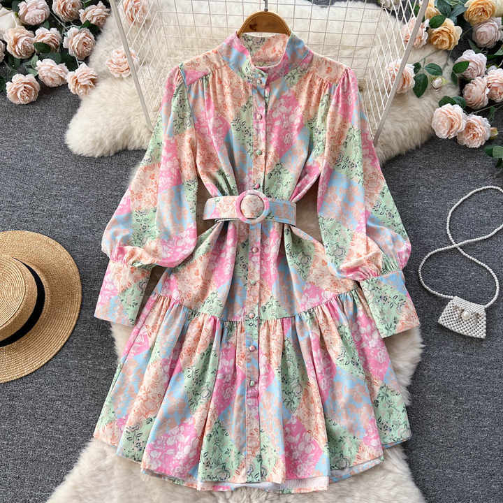 Women's Casual Stand Long Lantern Sleeve Flower Print Button Belt Mini Dress