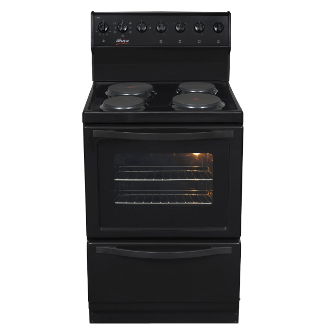 Univa U126B 600mm Black 4 Solid Plate Free Standing Oven